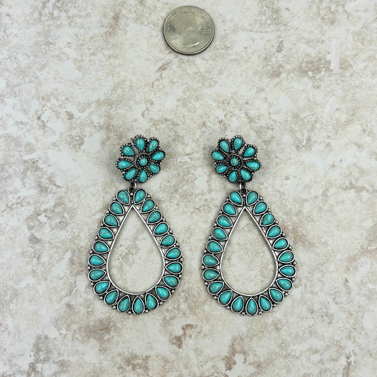 ER230225-02-BLUE      "Small Blue turquoise floral concho with teardrop concho  Earring"