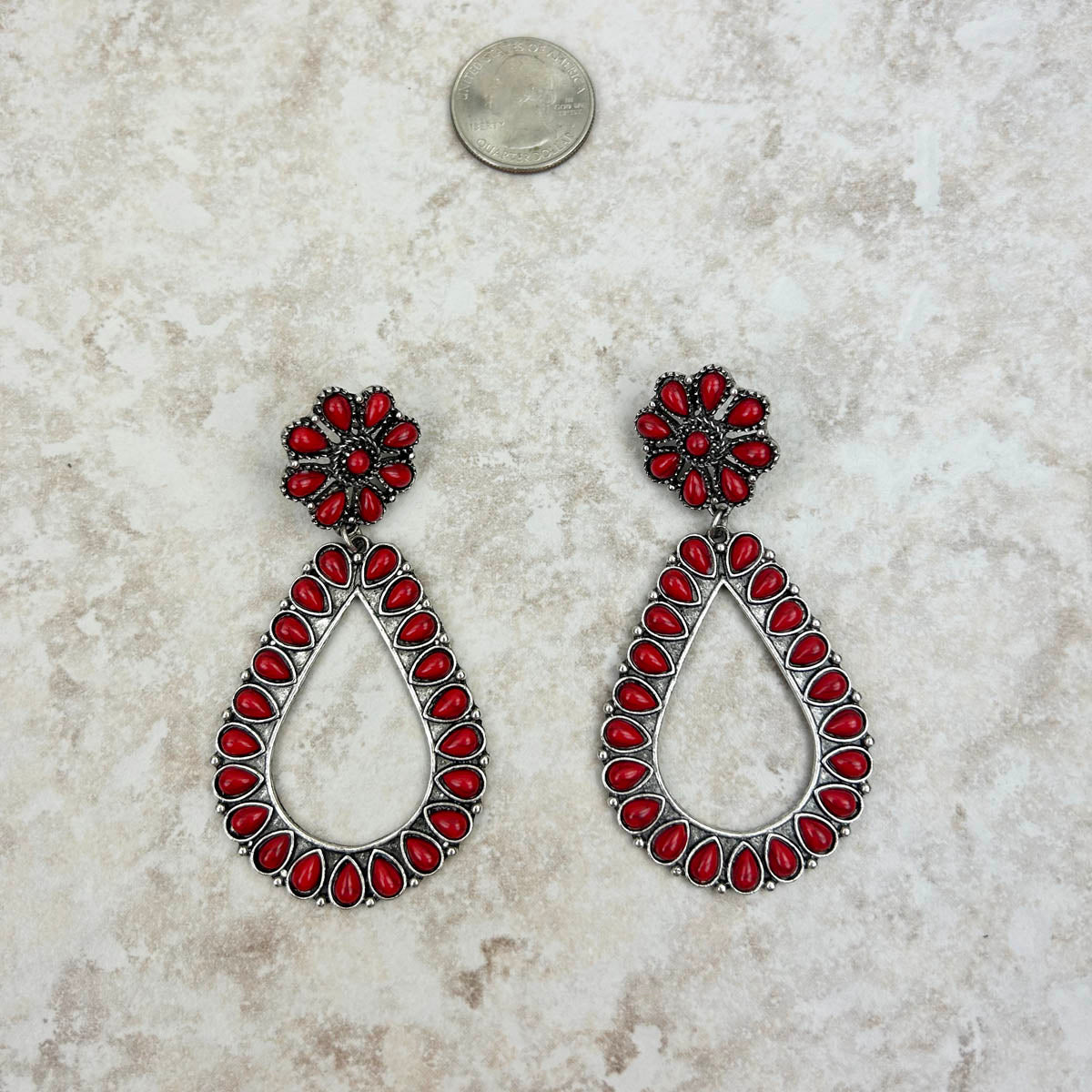 ER230225-02-RED    Small red stone floral concho with teardrop concho Earring
