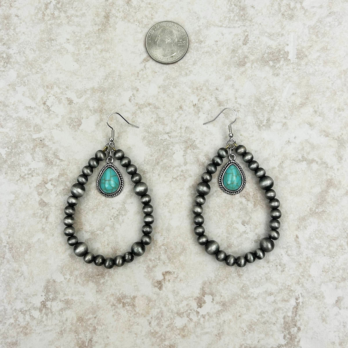 ER230424-01-BLUE     Silver Navajo pearl with blue turquoise teardrop Earring