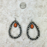 ER230424-01-ORANGE     Silver Navajo pearl with orange teardrop Earring