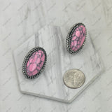 ER230530-05-LIGHT PINK                Silver metal with light pink turquoise stone oval Earrings