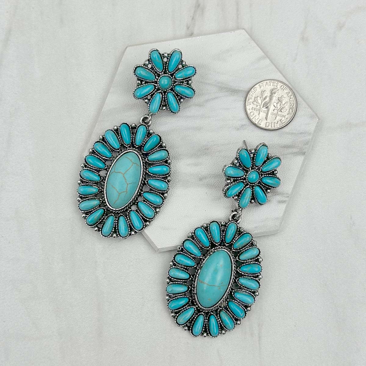 ER231217-52                   Silver metal concho with blue turquoise stone beads Earrings