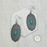 ER240414-01               Silver oval Metal with blue turquoise stone center piece Earrings