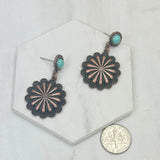 ER240530-01COPPER-BLUE                 Copper metal flower concho with blue turquoise stone Earrings