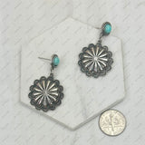 ER240530-01SILVER-BLUE               Silver metal flower concho with blue turquoise stone Earrings