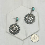 ER240530-01SILVER-BLUE               Silver metal flower concho with blue turquoise stone Earrings