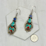 ER240722-10                            German silver with blue turquoise and red coral Earrings