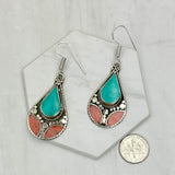 ER240722-11                    German silver with blue turquoise and red coral Earrings