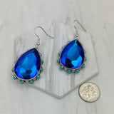 ER241130-01-CLEAR                  Silver metal with clear crystal and blue turquoise stone beads teardrop Earrings