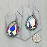 ER241130-01-CLEAR                  Silver metal with clear crystal and blue turquoise stone beads teardrop Earrings