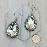 ER241130-01-CLEAR                  Silver metal with clear crystal and blue turquoise stone beads teardrop Earrings