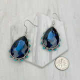 ER241130-01-CLEAR                  Silver metal with clear crystal and blue turquoise stone beads teardrop Earrings