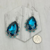 ER241130-01-CLEAR                  Silver metal with clear crystal and blue turquoise stone beads teardrop Earrings