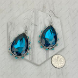 ER241130-01-CLEAR                  Silver metal with clear crystal and blue turquoise stone beads teardrop Earrings