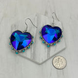 ER241130-03-CLEAR                  Silver metal with clear crystal and blue turquoise stone beads heart Earrings