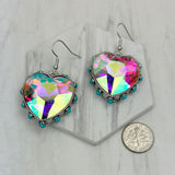 ER241130-03-CLEAR                  Silver metal with clear crystal and blue turquoise stone beads heart Earrings