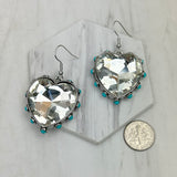 ER241130-03-CLEAR                  Silver metal with clear crystal and blue turquoise stone beads heart Earrings