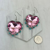 ER241130-03-CLEAR                  Silver metal with clear crystal and blue turquoise stone beads heart Earrings