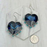 ER241130-03-CLEAR                  Silver metal with clear crystal and blue turquoise stone beads heart Earrings