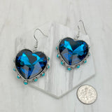 ER241130-03-CLEAR                  Silver metal with clear crystal and blue turquoise stone beads heart Earrings