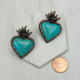 ER241130-04-COPPER-BLUE                     Copper metal with blue turquoise stone heart Earrings