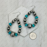 ER250309-07              Silver Navajo pearl with blue roundel turquoise stone teardrop Earrings
