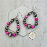 ER250309-09           Silver Navajo pearl with hot pink roundel turquoise stone teardrop Earrings
