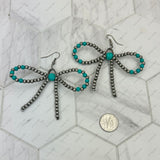 ER250309-13           Silver Navajo pearl beads with green turquoise stone beads bow tie Earrings