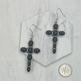 ER240125-04-BLUE                       silver with blue  turquoise oval stone cross Earrings.