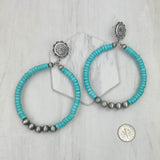 ER240125-08-BLUE               silver metal concho with large blue turquoise stone and silver Navajo pearl beads circle Earrings.