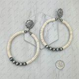 ER240125-08-BLUE               silver metal concho with large blue turquoise stone and silver Navajo pearl beads circle Earrings.