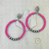 ER240125-08-BLUE               silver metal concho with large blue turquoise stone and silver Navajo pearl beads circle Earrings.