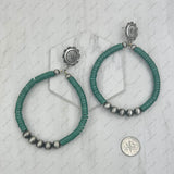 ER240125-08-BLUE               silver metal concho with large blue turquoise stone and silver Navajo pearl beads circle Earrings.