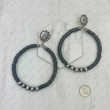 ER240125-08-BLUE               silver metal concho with large blue turquoise stone and silver Navajo pearl beads circle Earrings.