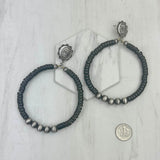 ER240125-08-BLUE               silver metal concho with large blue turquoise stone and silver Navajo pearl beads circle Earrings.