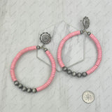 ER240125-08-BLUE               silver metal concho with large blue turquoise stone and silver Navajo pearl beads circle Earrings.