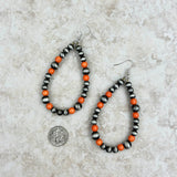 ERS230617-01-ORANGE      Silver Navajo pearl with orange stone teardrop Earrings