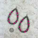ERS230617-01-PINK     Silver Navajo pearl with hot pink stone teardrop Earrings