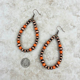 ERS230617-02-ORANGE     Cooper Navajo pearl with orange stone teardrop Earrings