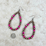 ERS230617-02-PINK      Cooper Navajo pearl with hot pink stone teardrop Earrings