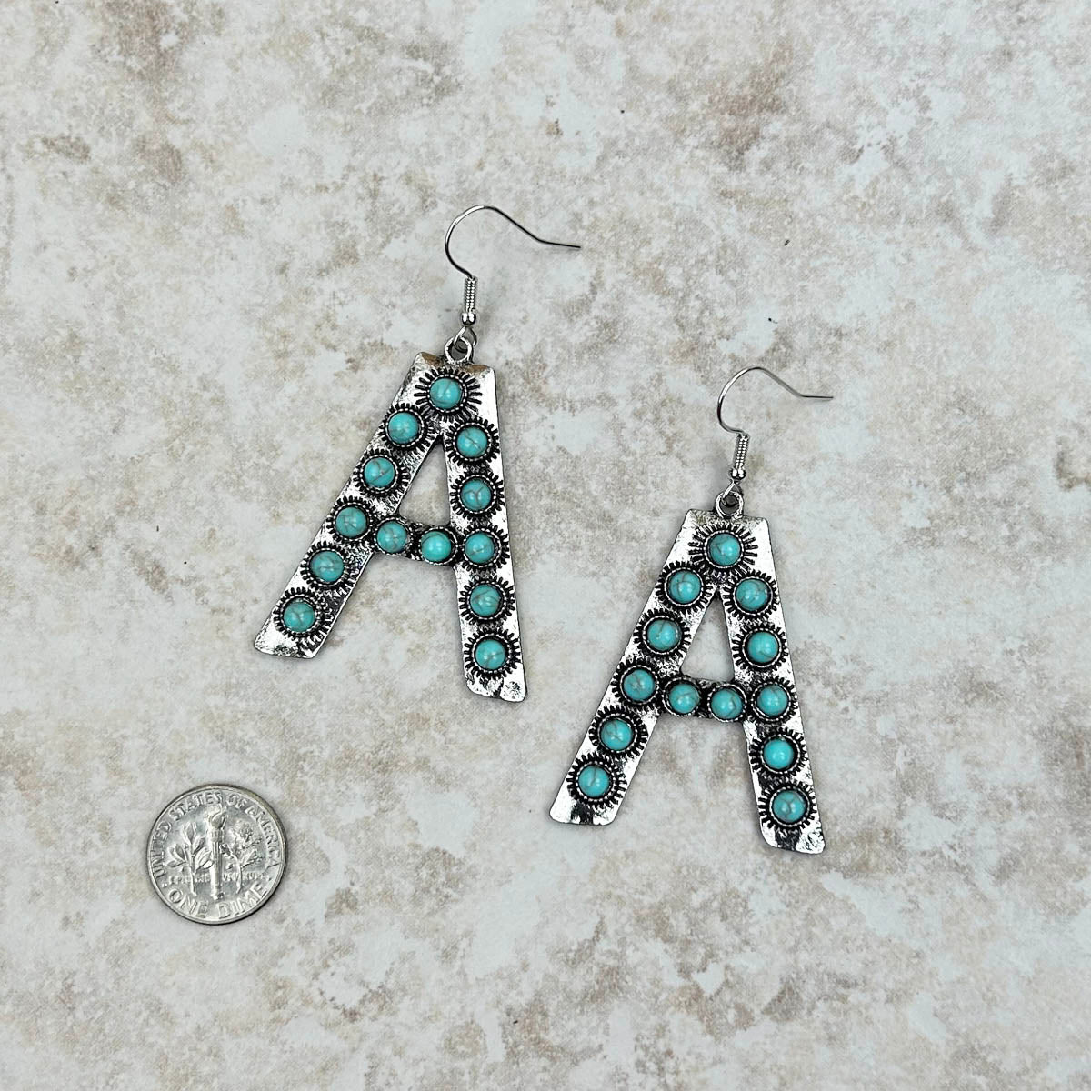 ERS230618-A-BLUE     Silver with blue turquoise stone letter A Earrings