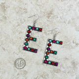 ERS230618-E-WHITE     Silver with White stone letter E Earrings