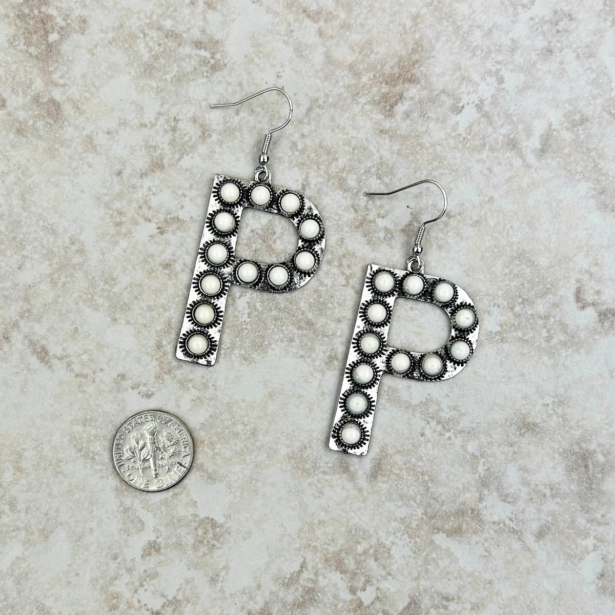 ERS230618-P-PINK     Silver with hot pink stone letter P Earrings