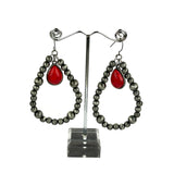 ERZ190825-14    Silver Navajo pearl with red stone teardrop Earring