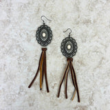 ERZ220525-11     Silver with white stone concho dark brown tassel Earrings