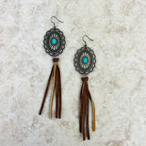 ERZ220525-13     Silver with blue turquoise stone concho dark brown tassel Earrings