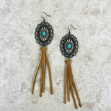 ERZ220525-14       Silver with blue turquoise stone concho light brown tassel Earrings