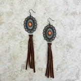 ERZ220525-15     Silver with orange stone concho dark brown tassel Earrings