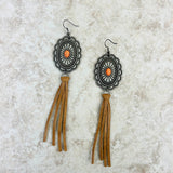 ERZ220525-16    Silver with orange stone concho light brown tassel Earrings