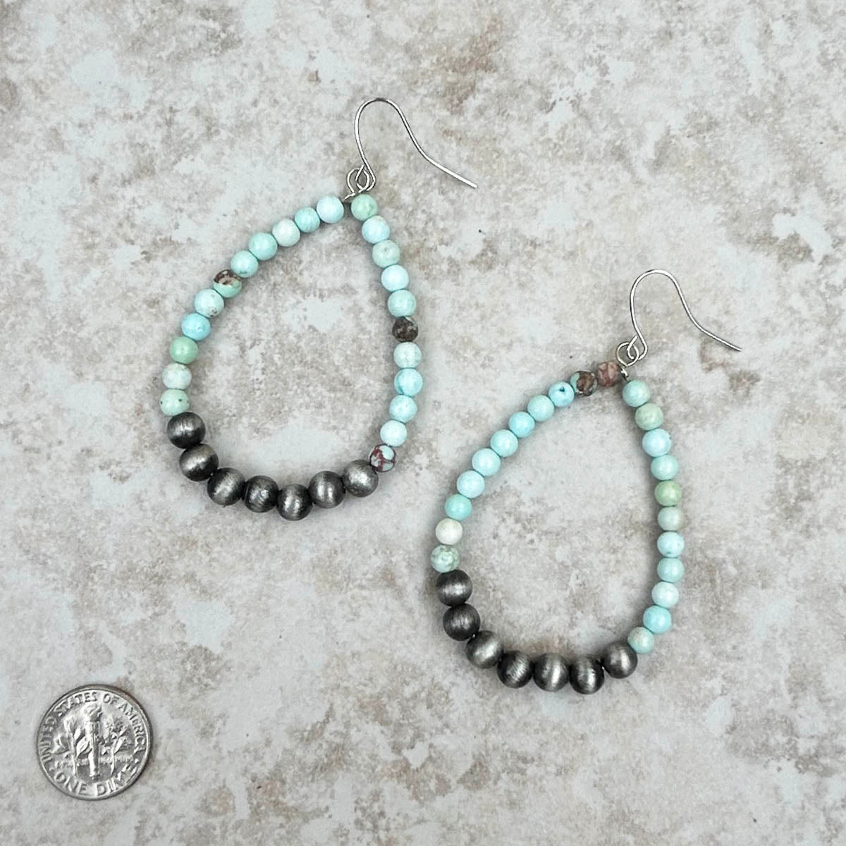 ERZ221125-07	" Light blue stone with silver Navajo pearl beads  teardrop hoop Earrings"